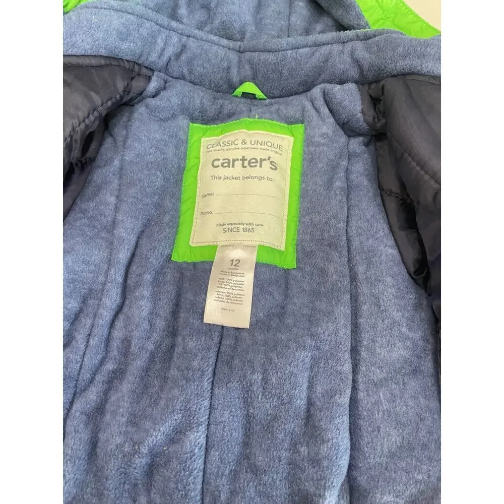 CARTERS HOODED PUFFER JACKET SZ 12 MONTHS BABY KAWAII COLORBLOCK COAT GREEN/BLUE